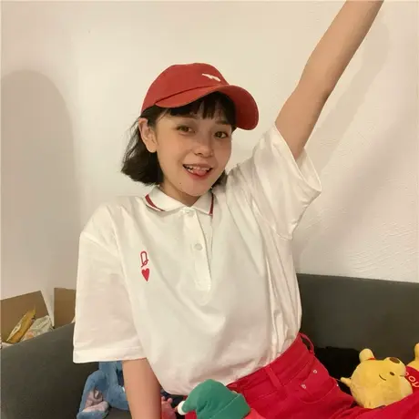 红续字母刺绣白色短袖T恤女原宿风设计感小众纯棉宽松Polo衫上衣图片