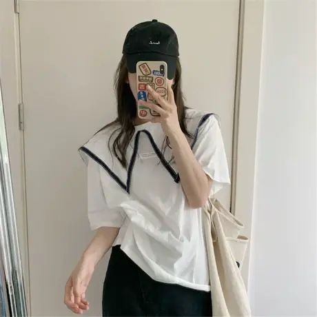 短袖t恤女2021夏季新款韩版ins潮设计感小众减龄海军领宽松上衣服商品大图