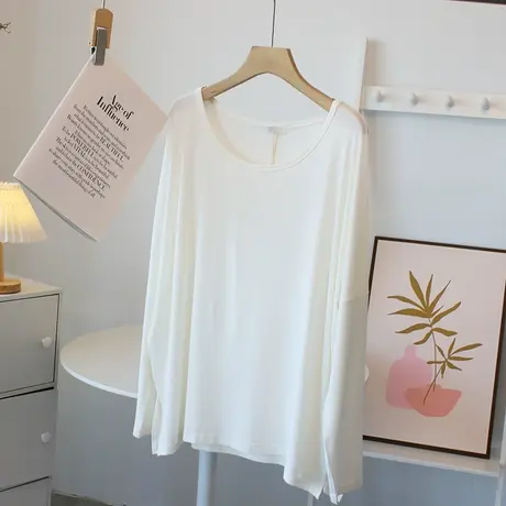 柔软亲肤莫代尔t恤女春秋简约宽松大码长袖打底衫大圆领开叉上衣商品大图