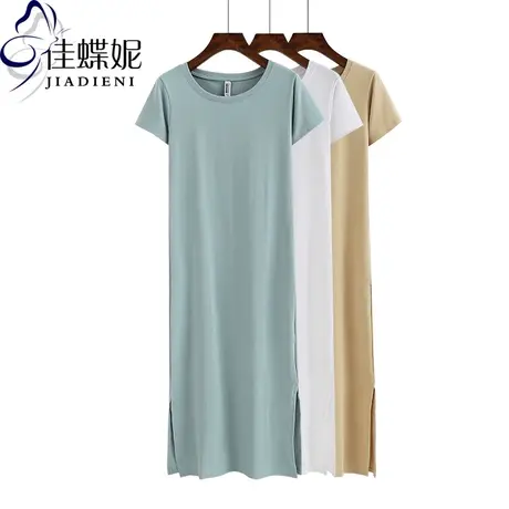 夏季新款韩版圆领修身加长款开叉短袖女装纯白纯色休闲连衣裙T恤图片