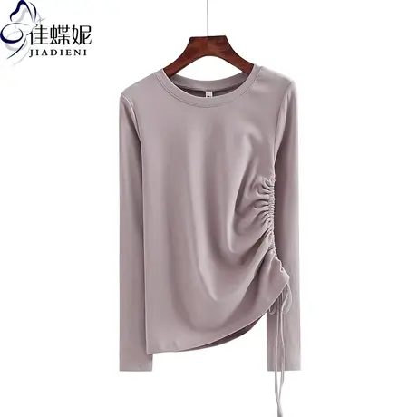 秋冬新抽绳内搭纯白修身圆领长袖体恤打底衫上衣女装纯色T恤网红商品大图