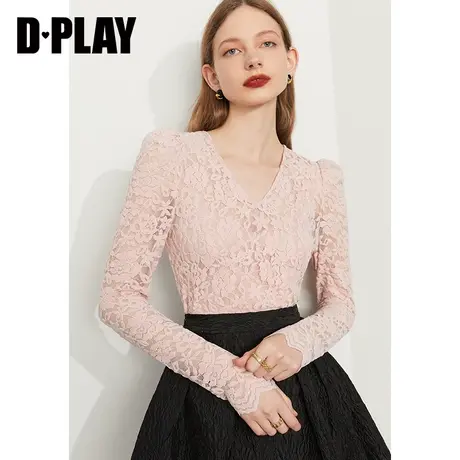 DPLAY2022秋装冬新性感纯欲风V领灰粉色弹力袖蕾丝打底衫上衣商品大图