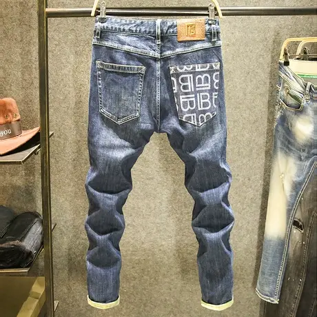 高端轻奢春季新款牛仔裤男款水洗修身直筒裤高品质印花裤子男潮牌商品大图