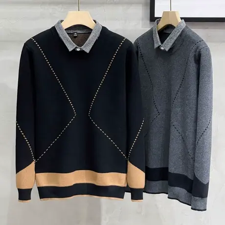 男士假两件毛衣加绒加厚衬衫领保暖针织衫男春秋冬季2023新款潮流商品大图