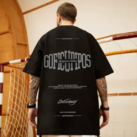 高街潮牌宽松T恤美式短袖男加肥加大五分袖纯棉重磅大码男装夏季商品大图