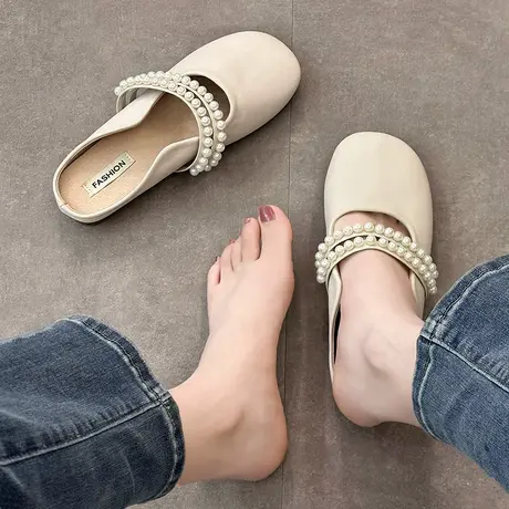包头半拖鞋女夏季外穿2023新款时尚网红珍珠半托单鞋软底仙女凉拖商品大图