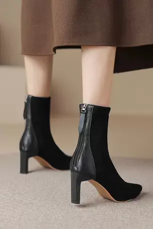 法式高跟短靴女粗跟尖头后拉链时装2023年新款韩版冬季弹力瘦瘦靴商品大图