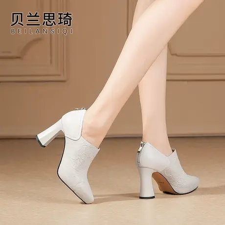 真皮拼接舒适厚底深口粗跟单鞋女2024春秋季新款百搭防水台高跟鞋商品大图