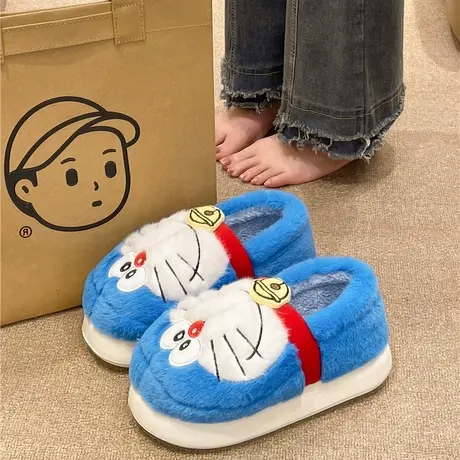 可爱哆啦梦棉拖鞋女冬季保暖毛绒月子防滑厚底室内家居家包跟棉鞋商品大图