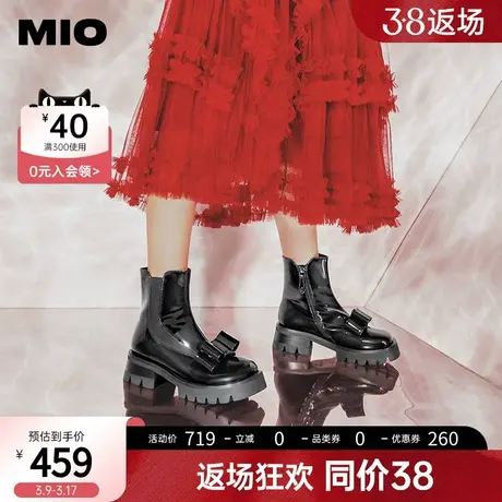 MIO米奥冬款切尔西靴黑色厚底蝴蝶结小皮靴黑色短靴图片