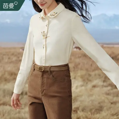 茵曼德绒绣花长袖衬衣女2023年冬季新款保暖恒温衬衫打底内搭上衣商品大图