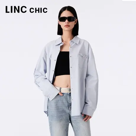 LINCCHIC金羽杰2023秋装新款经典学院感字母旅行长袖中长款衬衫女商品大图