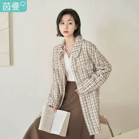 茵曼经典格子外套女春装2023新款设计翻领落肩宽松设计感长袖上衣图片