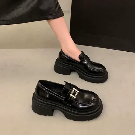 乐福鞋女2024年春季新款一脚蹬水钻单鞋配裙子粗跟洋气英伦小皮鞋商品大图