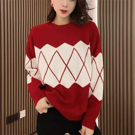 小众别致新年拼色菱格红色毛衣女秋冬韩系慵懒风炸街短款针织衫潮商品大图