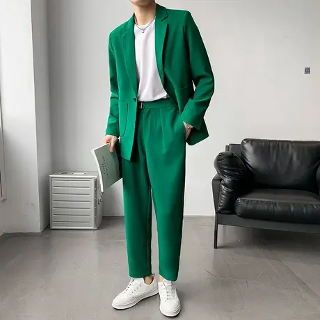 网红气质绿色西装男外套2023春ins痞帅宽松垂感小众西服两件套潮商品大图