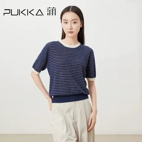 蒲PUKKA 海军风条纹针织衫女2023春夏新款修身罗纹圆领短袖T恤图片
