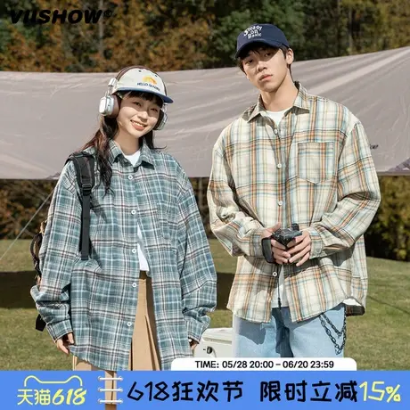 VIISHOW美式复古格子衬衫男长袖潮牌宽松寸衣休闲衬衣外套男春季图片