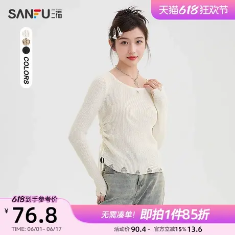 三福上衣2025新款春季侧边抽褶短款针织衫显瘦圆领毛衣女装491630图片