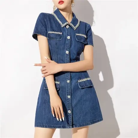 爵莱菲大码蓝色高端POLO领牛仔连衣裙女夏设计感polo领短袖A字裙图片