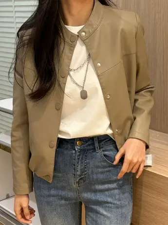 2023春秋新款高级感时尚女士设计感皮衣女小个子纯色显瘦圆领外套商品大图