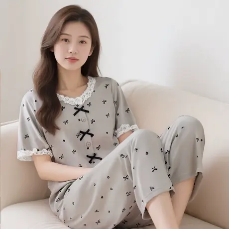 顶瓜瓜睡衣女夏季薄款可爱蝴蝶结短袖长裤家居服套装圆领开襟睡衣商品大图