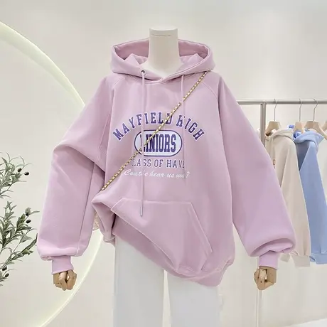 oversize连帽落肩卫衣女款2023春秋美式复古字母印花宽松上衣外套图片