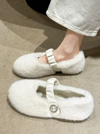 毛毛鞋女2023年秋冬新款韩版平底玛丽珍棉瓢鞋加绒保暖软底豆豆鞋商品大图