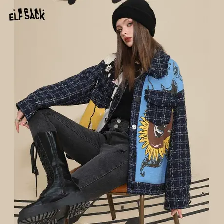 妖精的口袋拼接设计感棉衣棉服女2022秋冬季新款粗花呢外套小个子商品大图