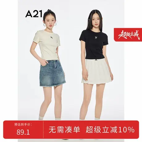 A21女装圆领蝴蝶结短袖T恤2025夏季新款简约修身小众薄款短款上衣商品大图