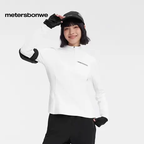 美特斯邦威女2025年春季新款立领半开襟磨毛针织长袖T恤商品大图