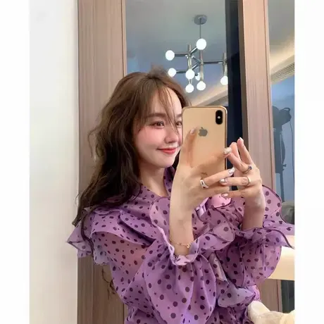 爵莱菲大码2025秋季法式紫色长袖波点衬衫女春夏绝美衬衣小资上衣商品大图