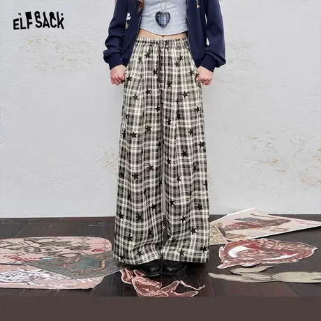 妖精的口袋星星格子休闲阔腿裤女2025年早秋新款松弛感直筒裤子商品大图