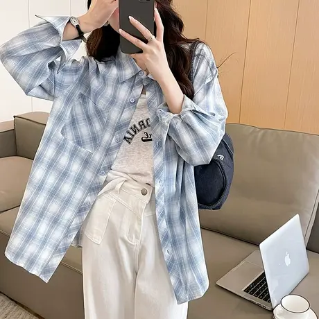唐狮2025春秋新款长袖衬衫女百搭温柔休闲格子女士长袖衬衫外套d2商品大图