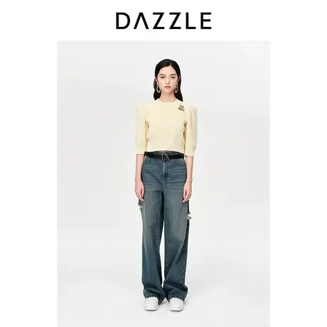 DAZZLE地素奥莱23春季新款简约泡泡袖胸针装饰短款套头针织衫上衣图片