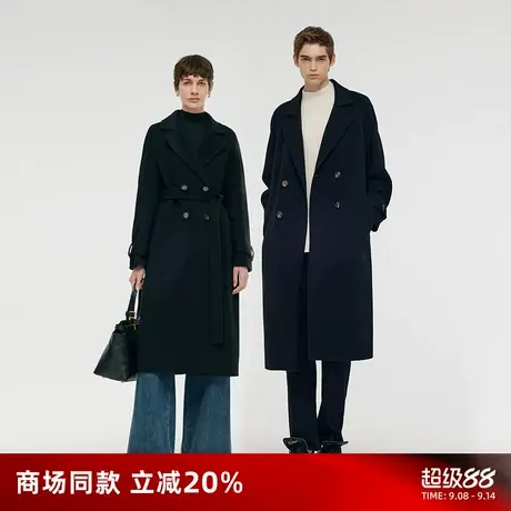 歌莉娅男女同款黑色羊毛大衣冬季新款高级感长款双面呢子外套商品大图
