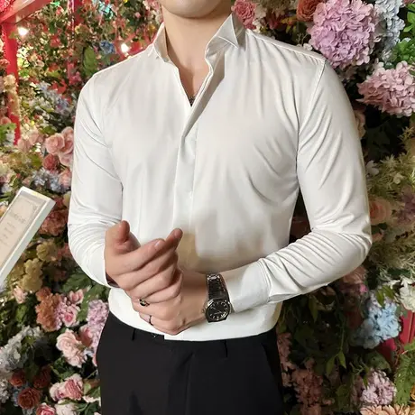 法式翼领塔士多宴会礼服内搭衬衫新郎结婚婚礼衬衣男长袖暗门襟潮图片