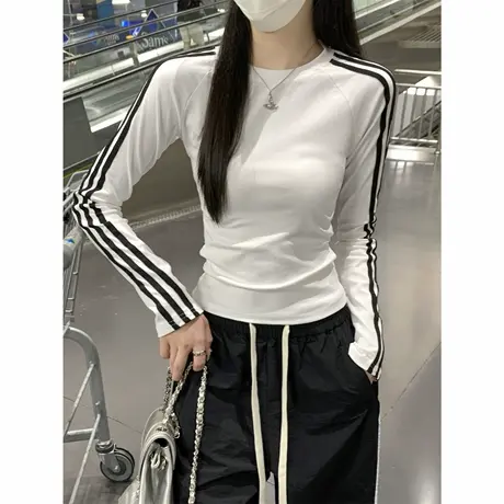 辣妹chic白色条纹长袖T恤女2025早秋修身插肩内搭打底衫上衣秋冬商品大图