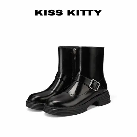 KISSKITTY玛丽珍短靴女2025新款牛皮黑色爆款巨好看厚底瘦瘦靴子商品大图