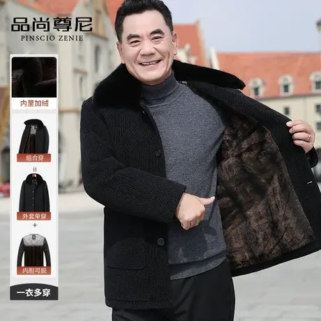 【一衣多穿】老年人男装爸爸冬装外套脱卸加绒内胆毛领单排扣大衣商品大图