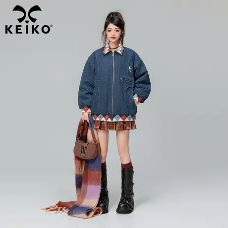 KEIKO 高端菱格磨花牛仔外套女绗缝夹棉2023秋冬美式复古加厚棉服商品大图