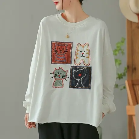 dza 复古纯棉贴布宽松卫衣女士春秋内搭上衣休闲百搭圆领长袖外套商品大图