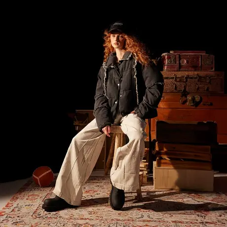 潮牌黑色短款棉服女冬季加厚外套2023新款设计感毛边复古宽松棉衣商品大图