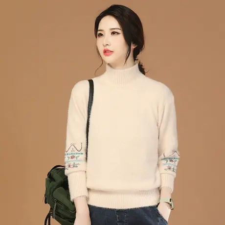 韩潮袭人半高领刺绣显瘦打底毛衣女2023冬季新款加厚休闲针织衫商品大图