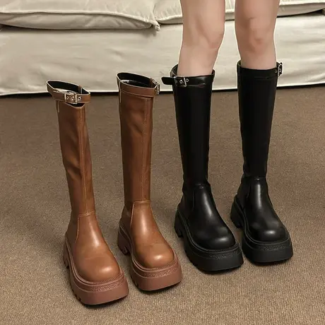 永希长筒靴女2023春秋季新款法式高级气质显瘦靴子粗跟厚底骑士靴商品大图