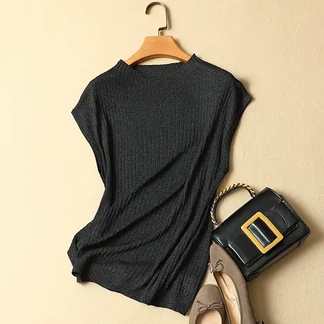 清仓！春装新款韩版冰丝针织衫短袖女抽条上衣圆领宽松t恤打底衫商品大图