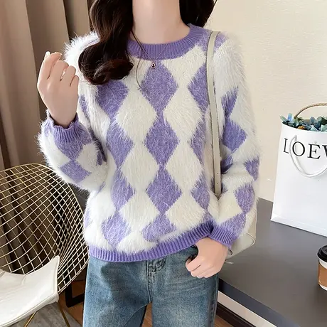 水貂绒拼色菱格针织套头打底衫加厚宽松女装毛衣秋冬新款上衣洋气图片