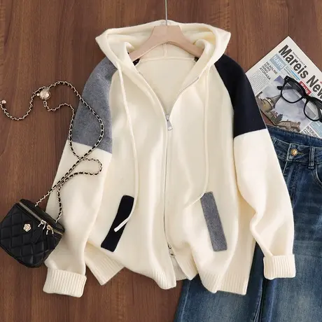 2023秋冬新款韩版宽松针织衫女士百搭上衣连帽衫开衫拼色拉链毛衣商品大图