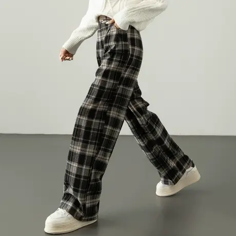 加绒加厚格子阔腿裤女2023新款秋冬毛呢裤子宽松休闲直筒裤烟筒裤商品大图