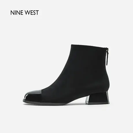 Nine West/玖熙方头拼接粗跟瘦瘦靴2023秋季新款百搭时尚低跟短靴商品大图